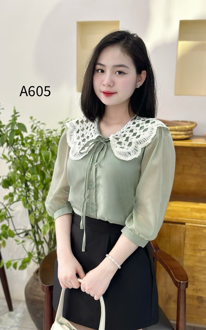 A605 áo tơ cổ lưới trắng