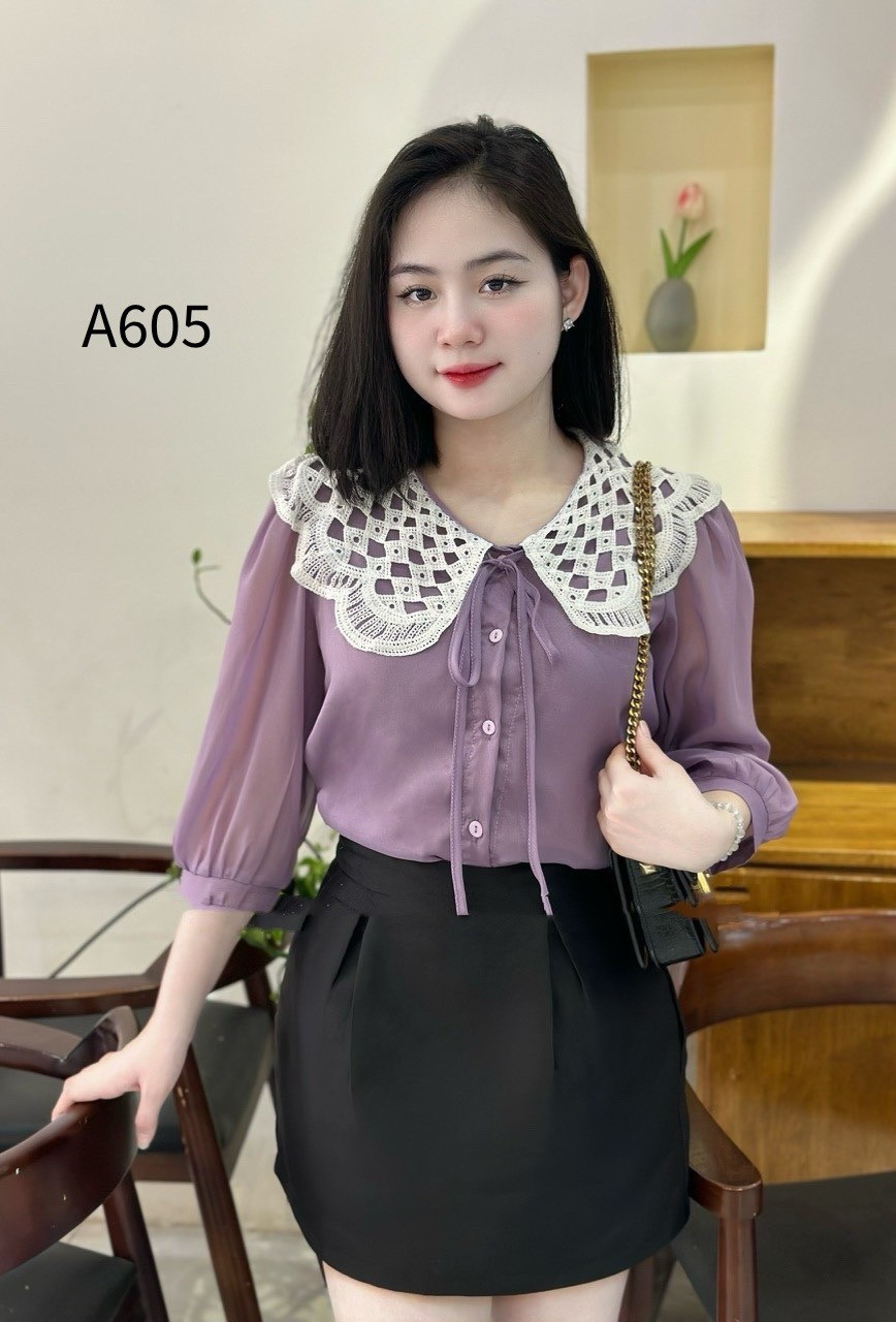 A605 áo tơ cổ lưới trắng