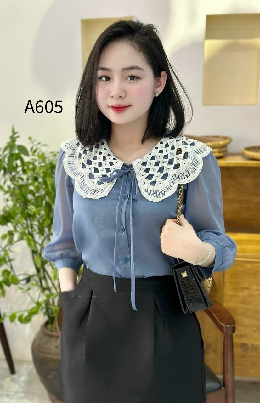 A605 áo tơ cổ lưới trắng