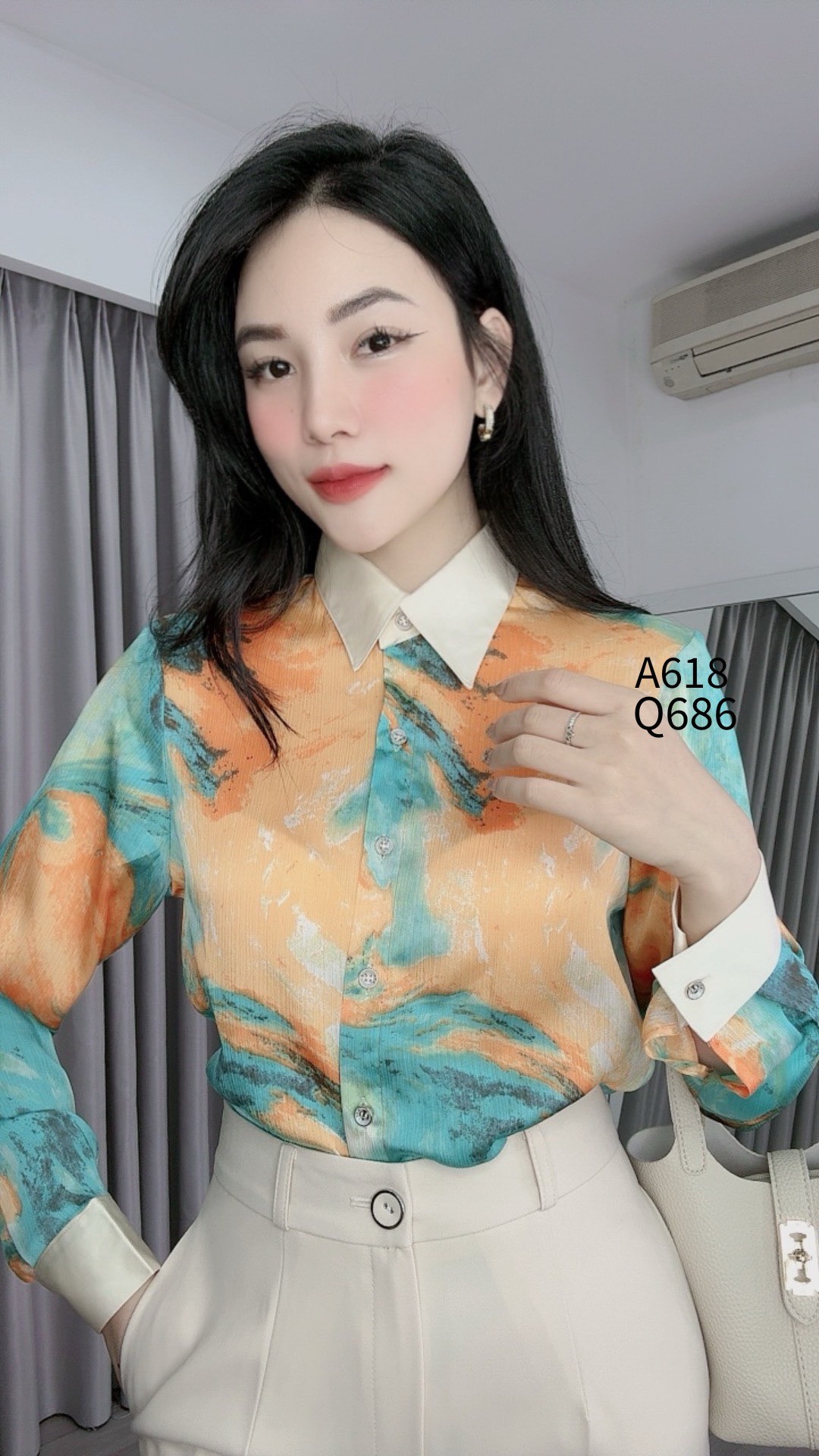 A618 sơ mi loang 2 màu phối xanh cam