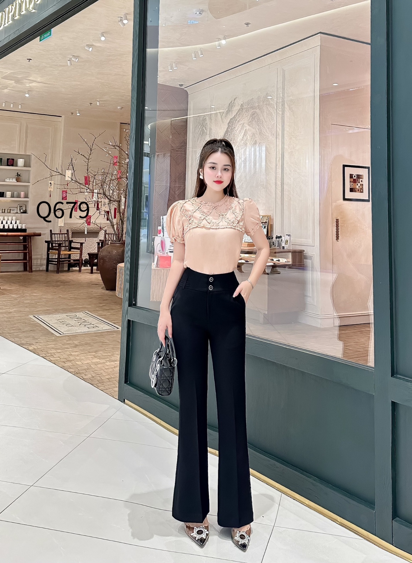 Q679 quần loe 2 cúc cạp phối ly