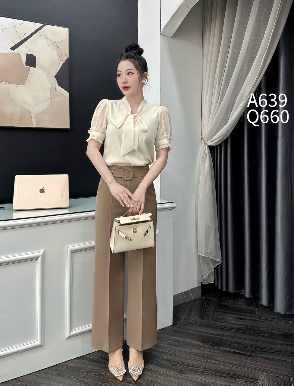 A639 áo tơ tay phối bèo cổ dây nơ