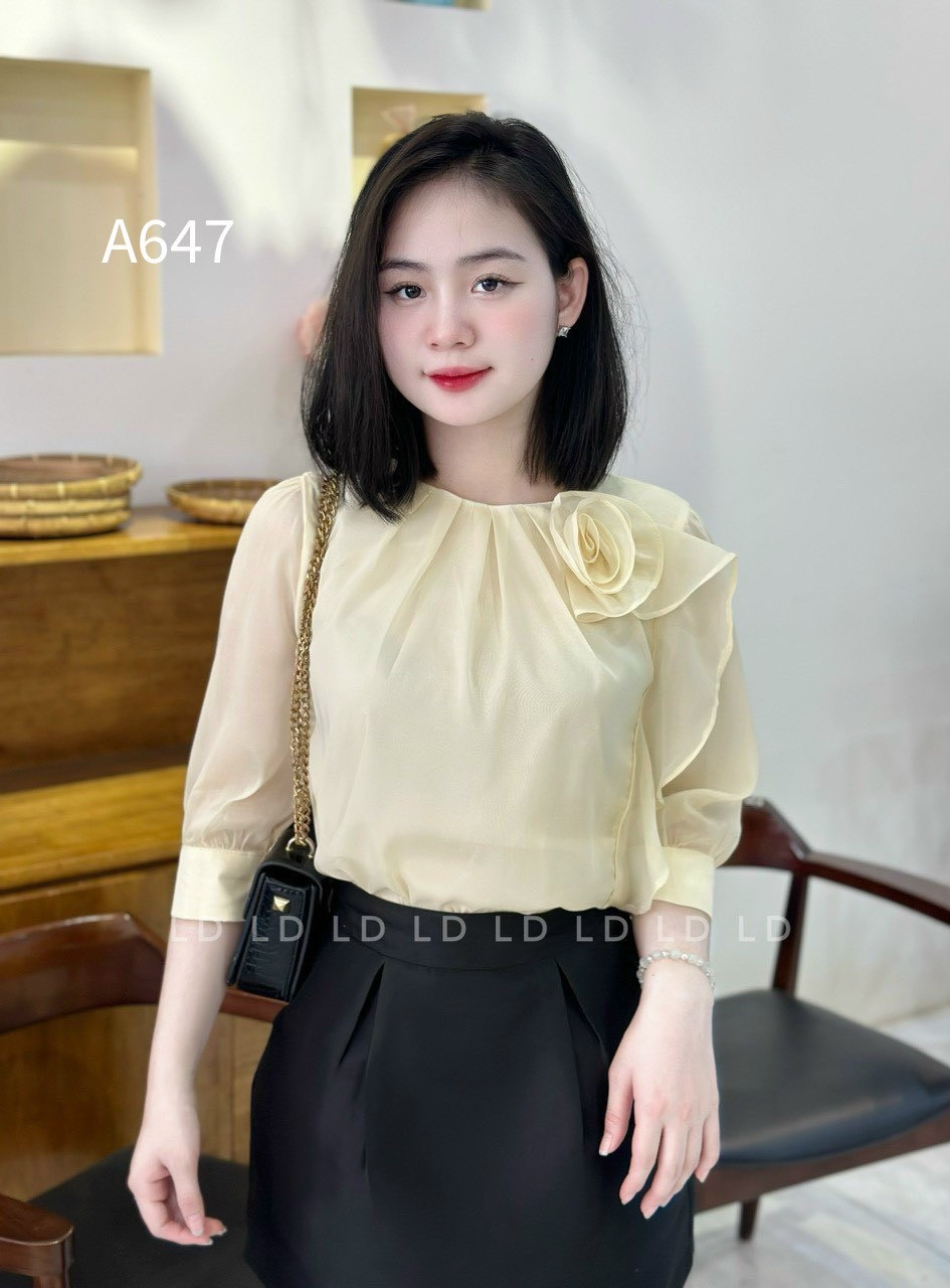 A647 áo tơ cổ nhún hoa