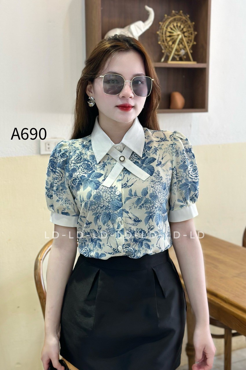 A690 sơ mi hoa phối cổ X