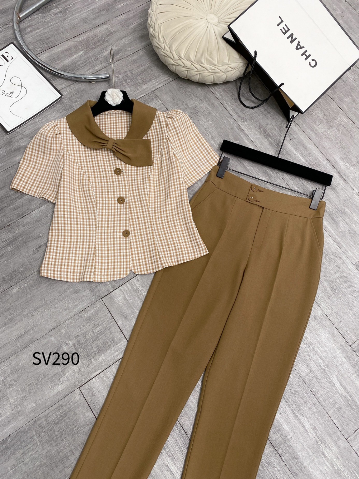 SV290 set áo kẻ quần baggy 2 cúc