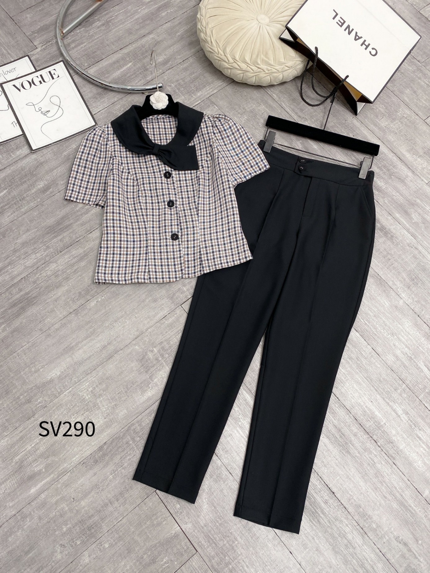 SV290 set áo kẻ quần baggy 2 cúc