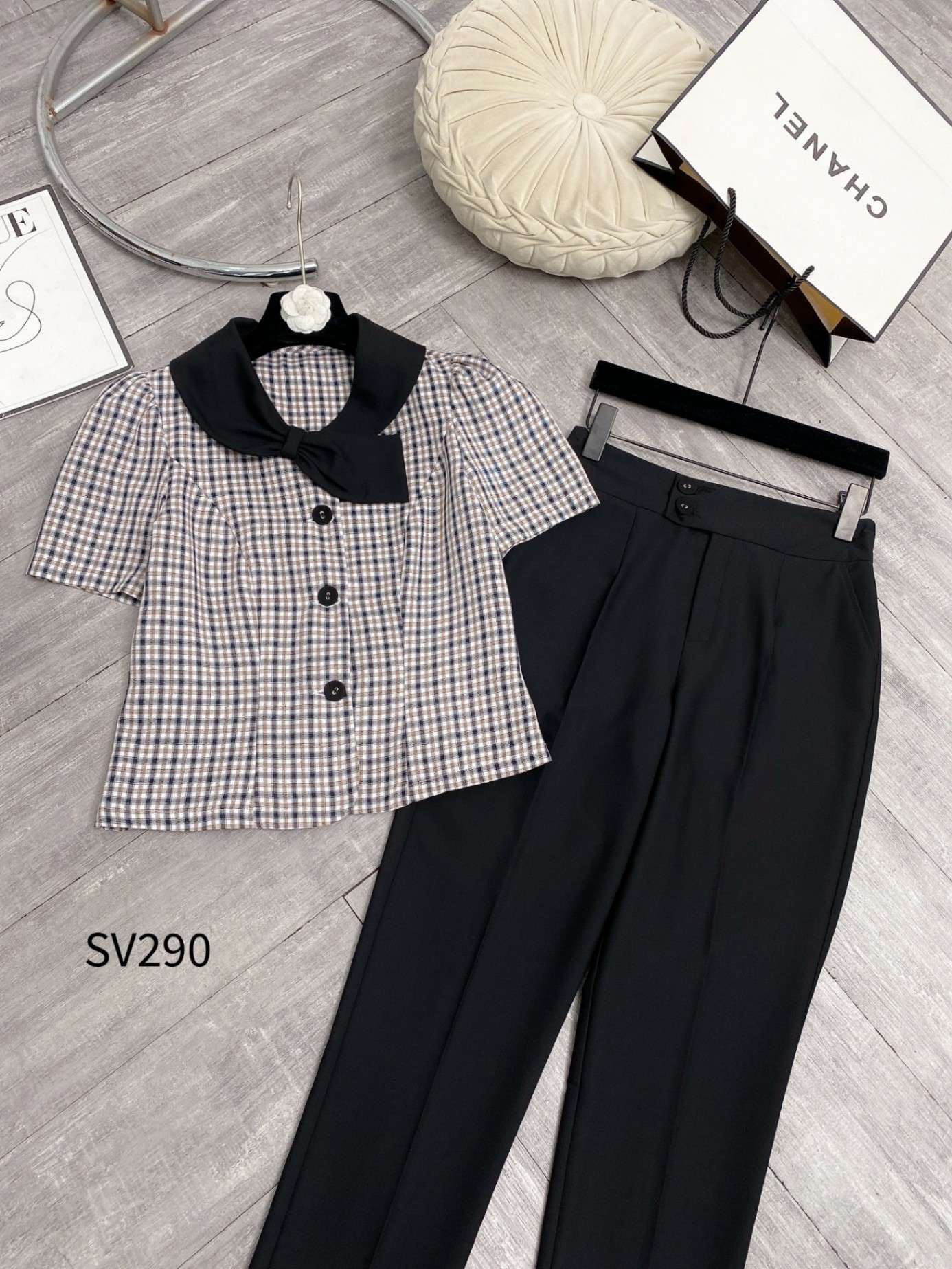 SV290 set áo kẻ quần baggy 2 cúc