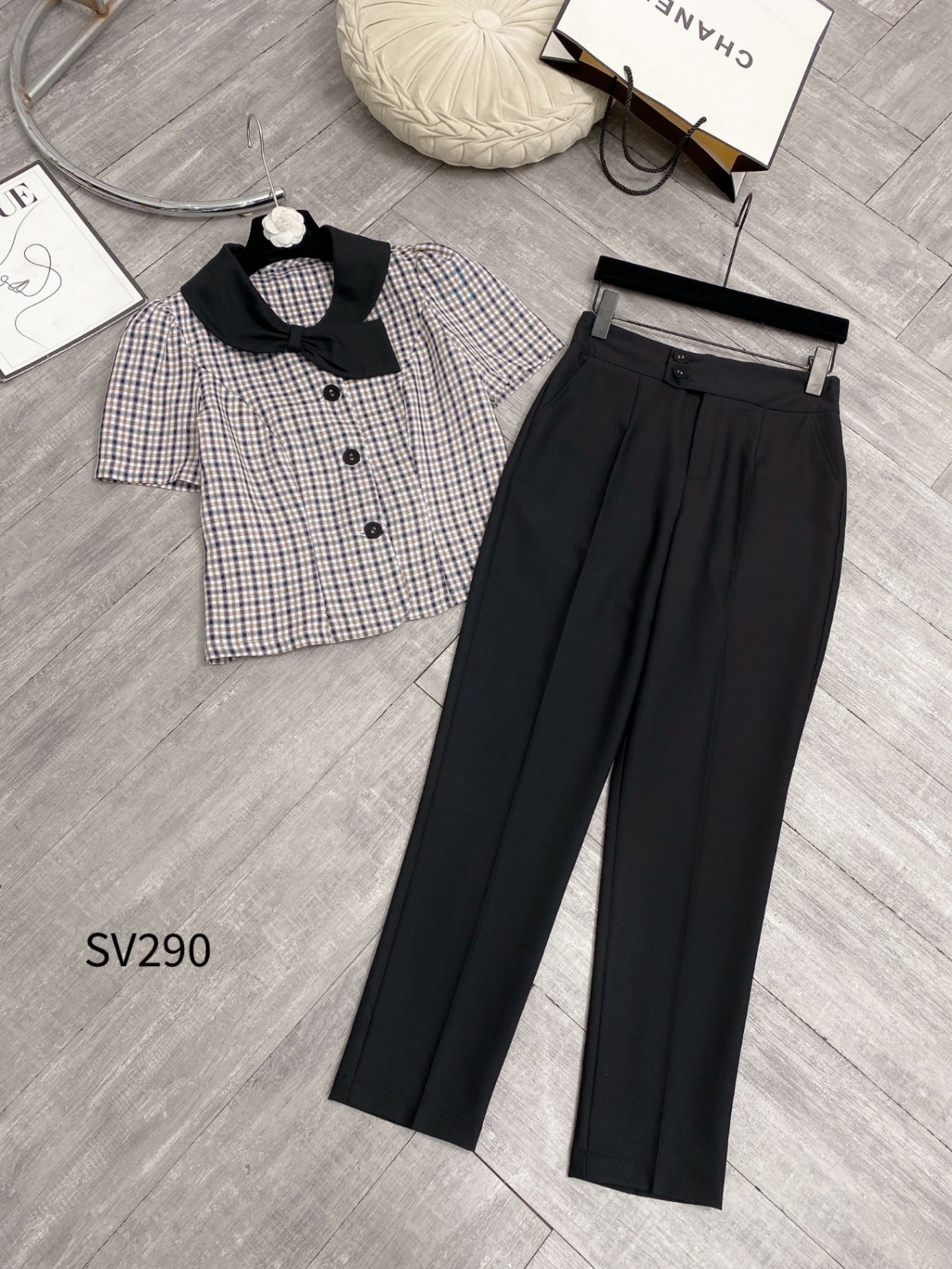 SV290 set áo kẻ quần baggy 2 cúc