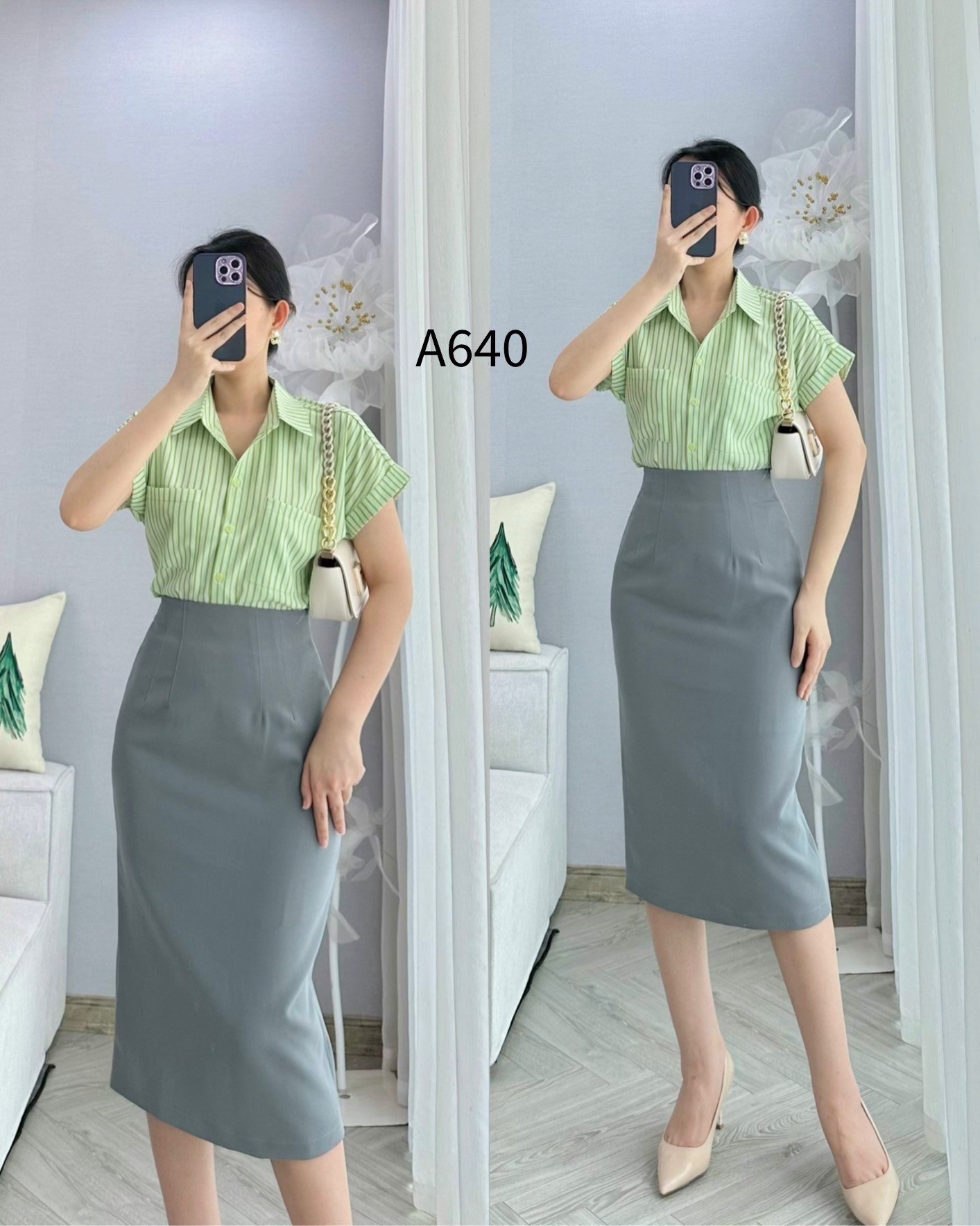 A640 áo kẻ dọc ngắn tay