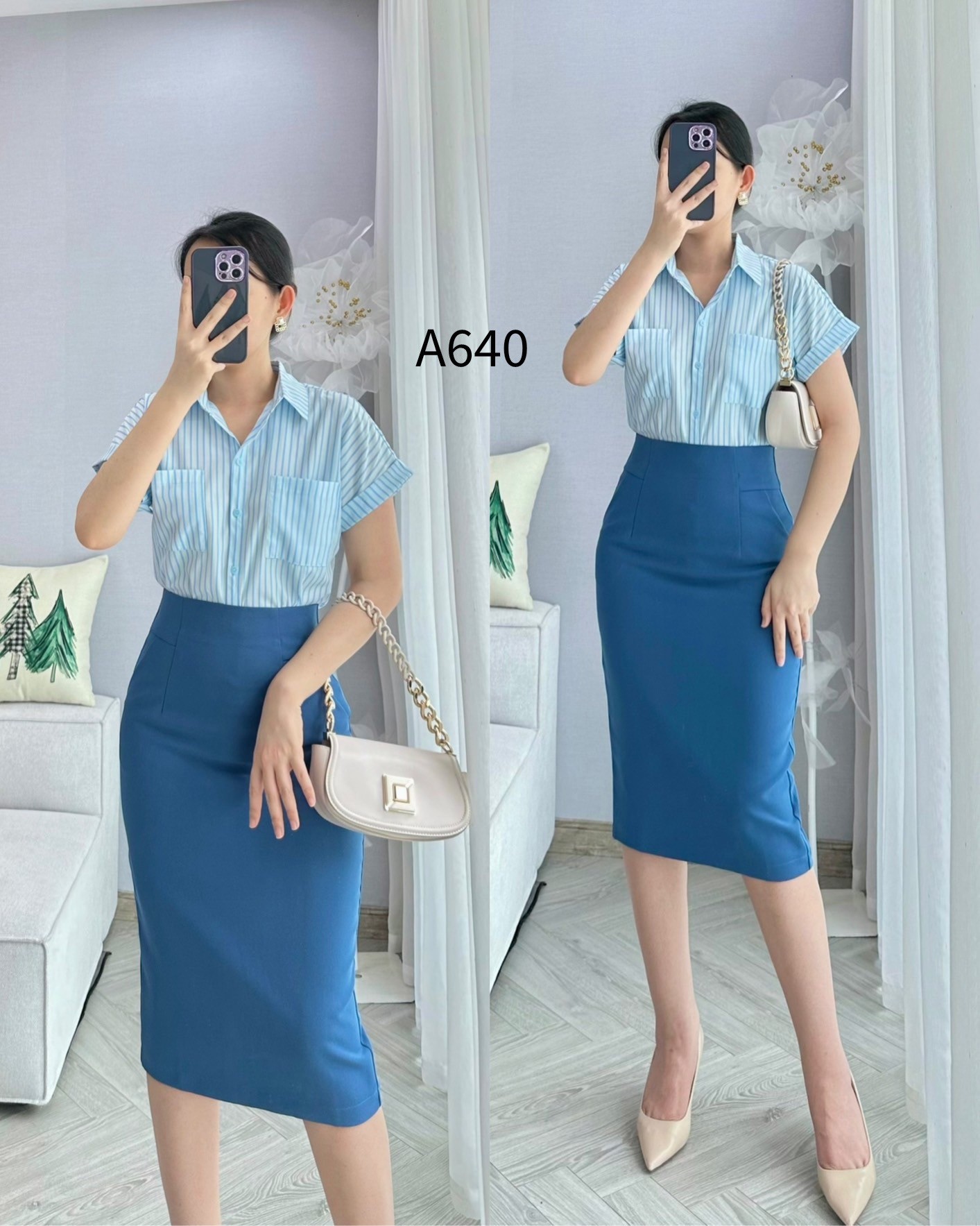 A640 áo kẻ dọc ngắn tay