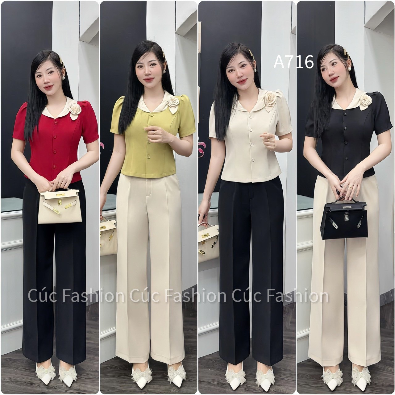 A716 áo tag hoa lệch cúc bọc