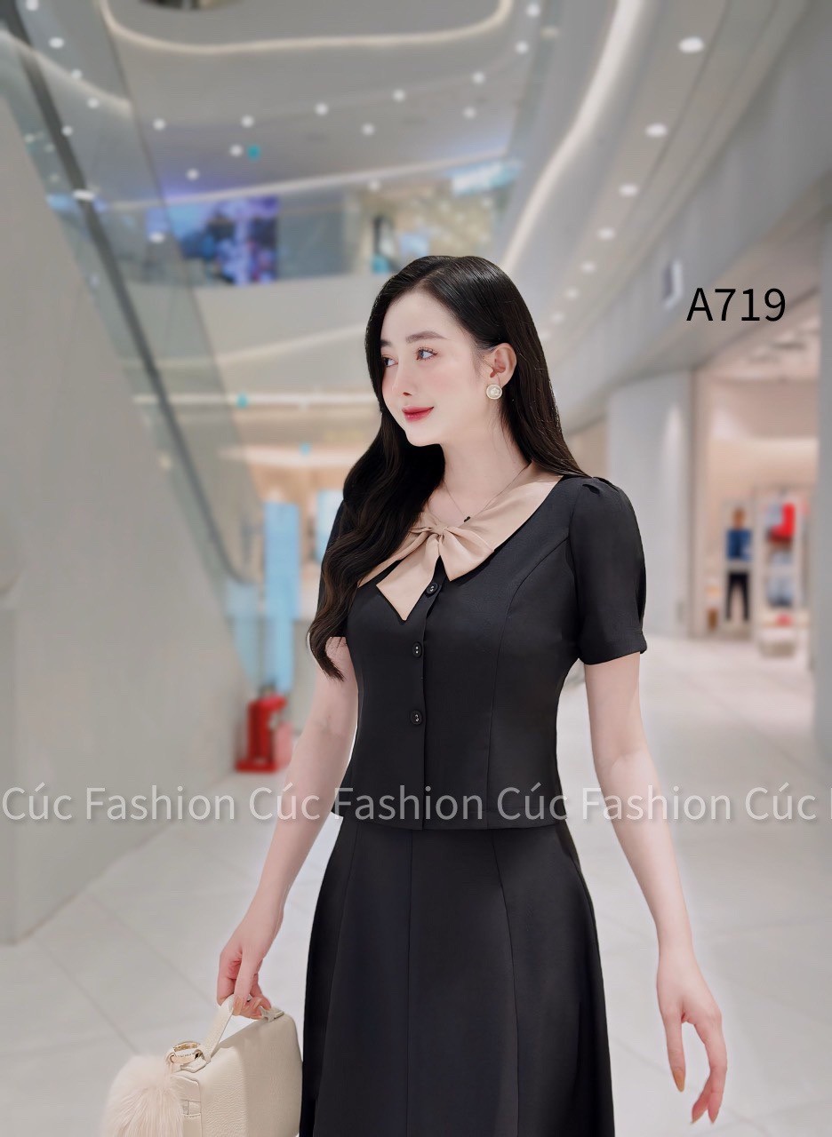 A719 áo ngắn tay nơ lệch cúc bọc