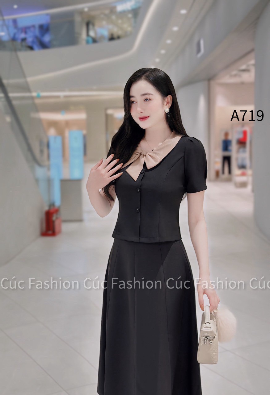 A719 áo ngắn tay nơ lệch cúc bọc