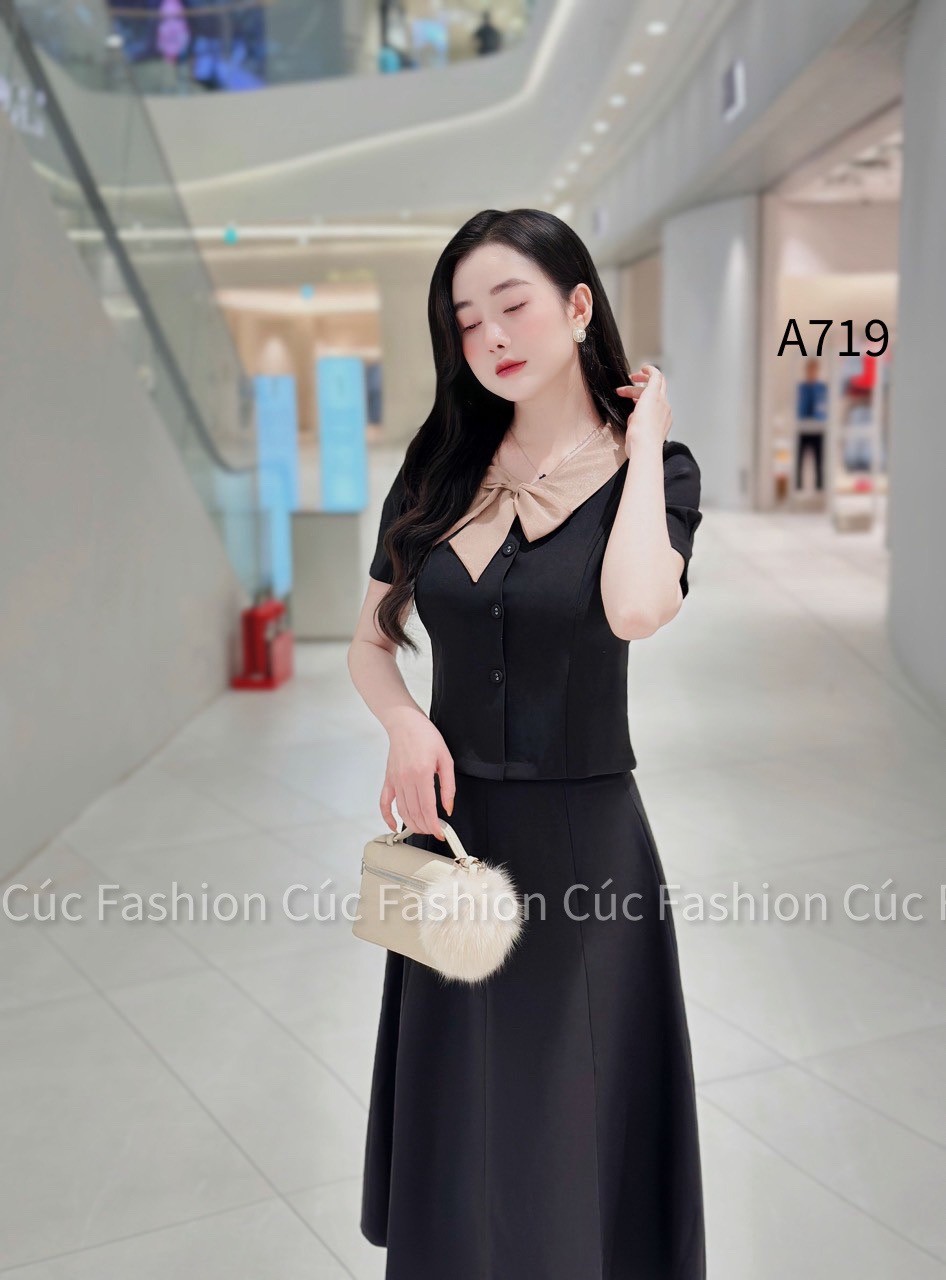 A719 áo ngắn tay nơ lệch cúc bọc