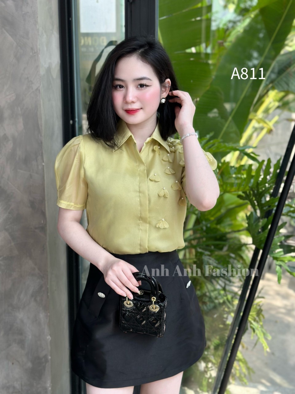 A811 sơ mi phối hoa 1 bên