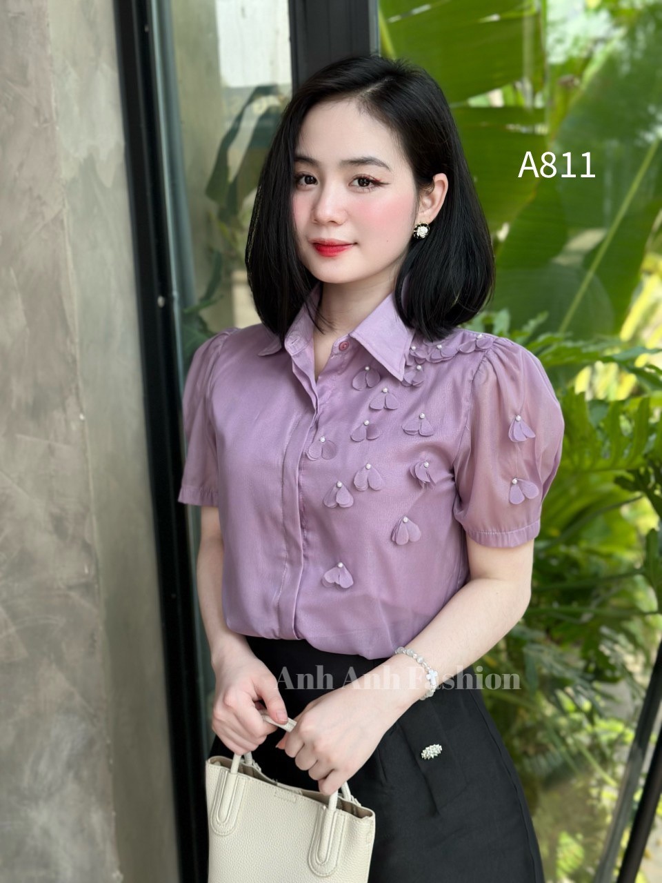 A811 sơ mi phối hoa 1 bên