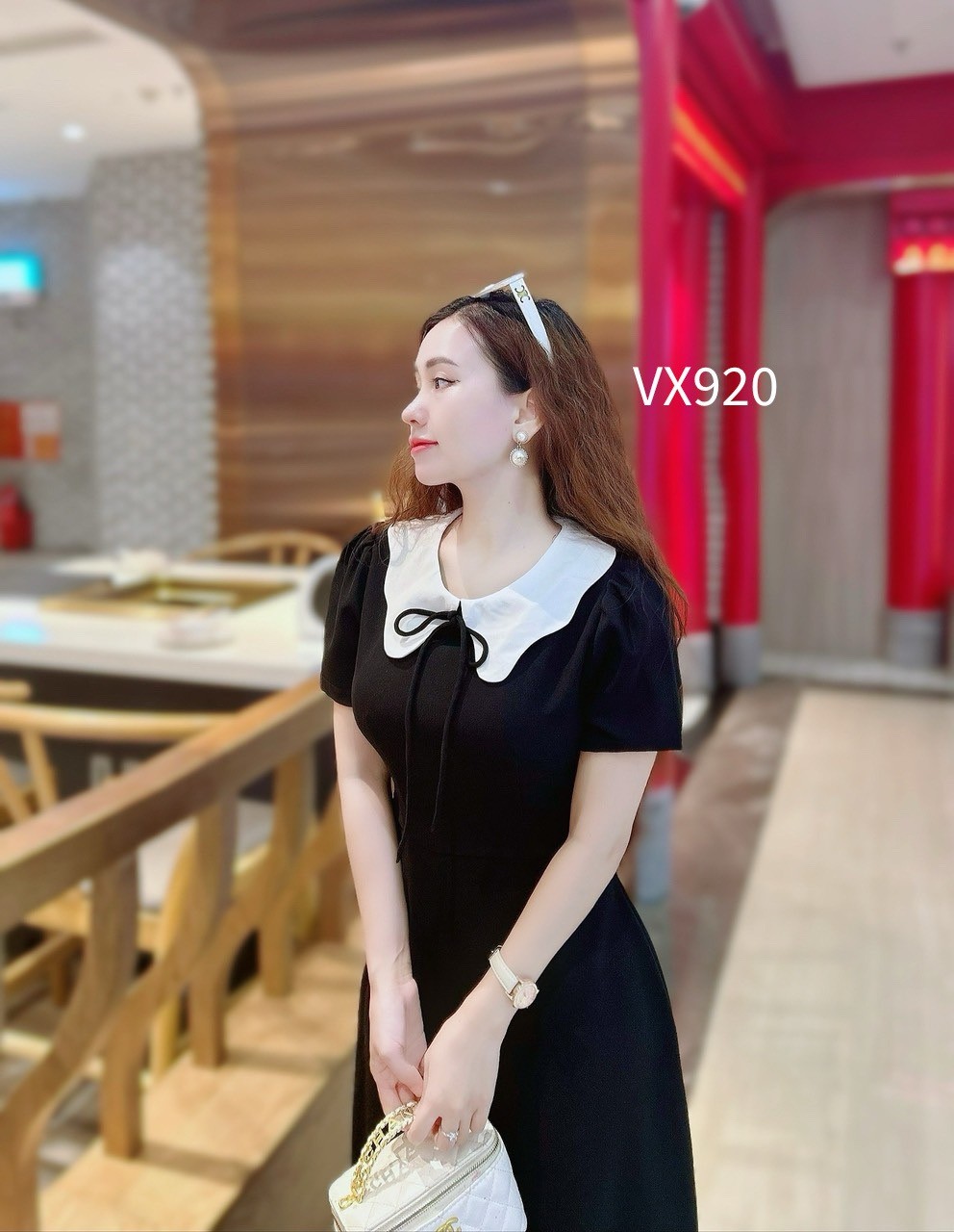 VX920 váy xòe cổ lượn dây nơ