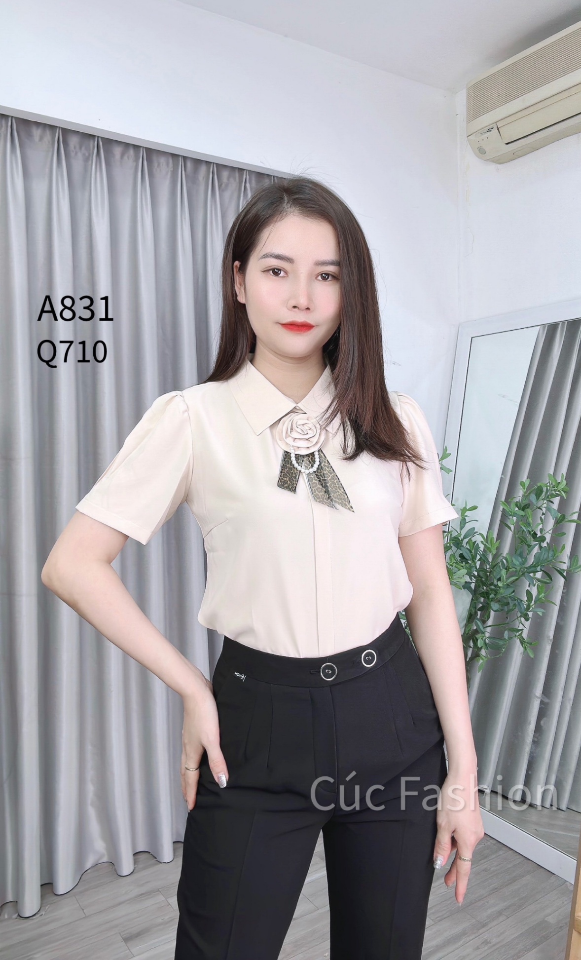 A831 áo lụa tag hoa ngắn tay