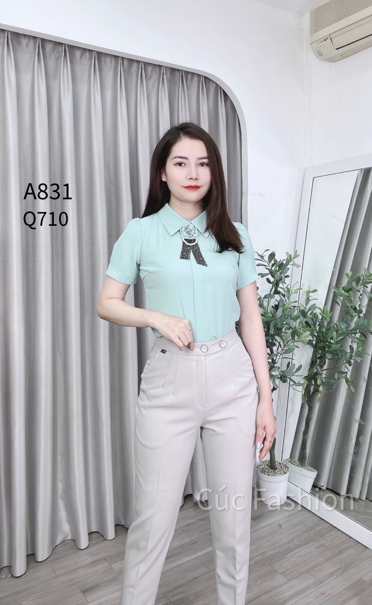 A831 áo lụa tag hoa ngắn tay