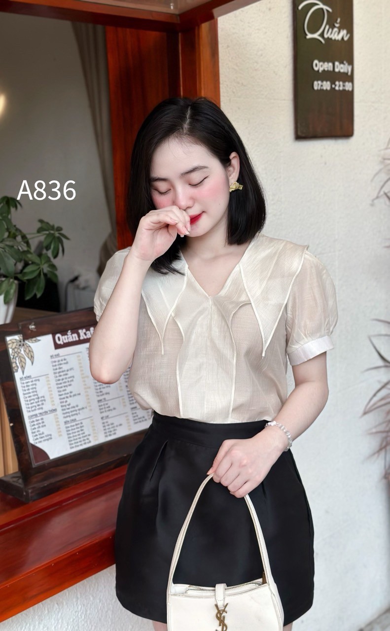 A836 áo ngắn tay cổ vạt nhọn