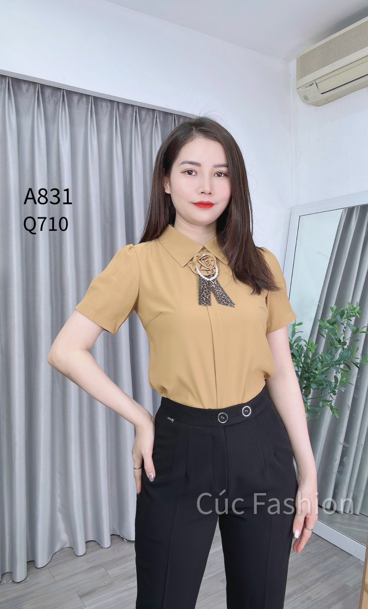 A831 áo lụa tag hoa ngắn tay