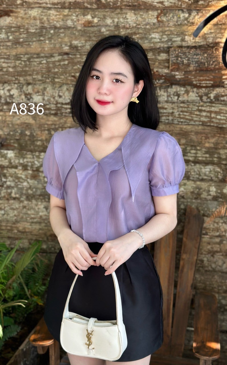 A836 áo ngắn tay cổ vạt nhọn