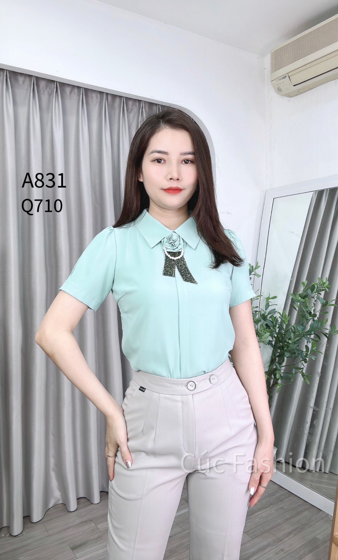 A831 áo lụa tag hoa ngắn tay