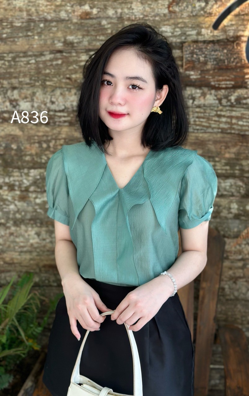 A836 áo ngắn tay cổ vạt nhọn