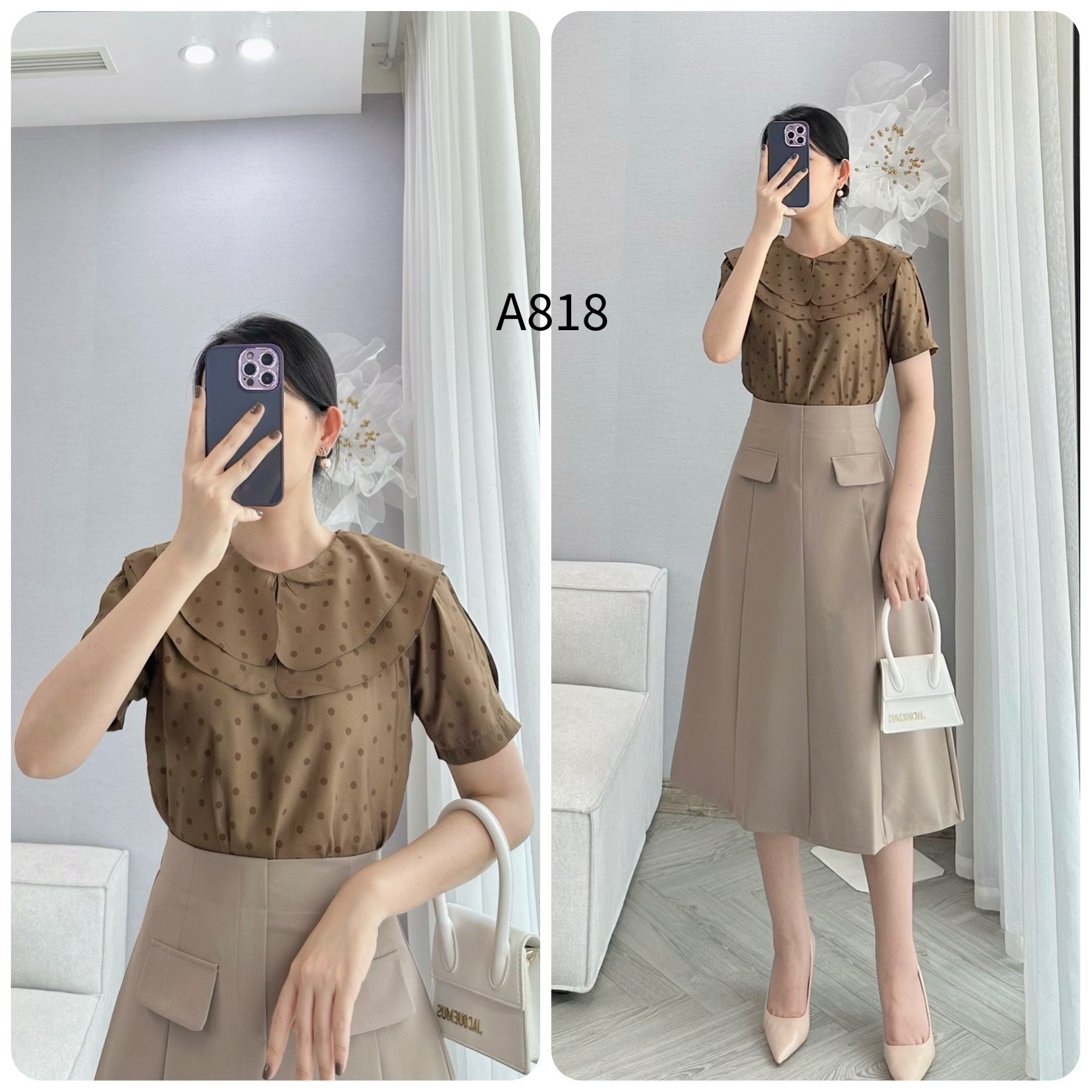 A818 áo chấm bi cổ 2 lớp