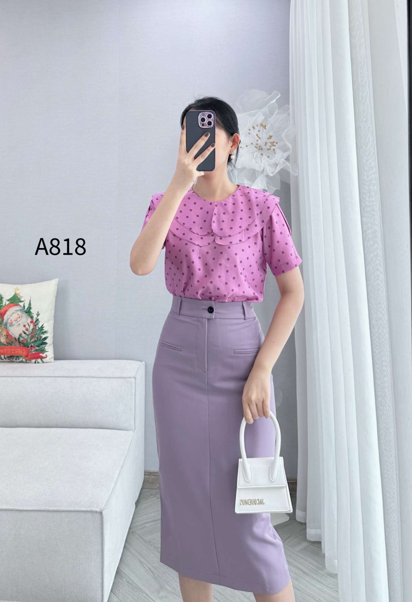 A818 áo chấm bi cổ 2 lớp