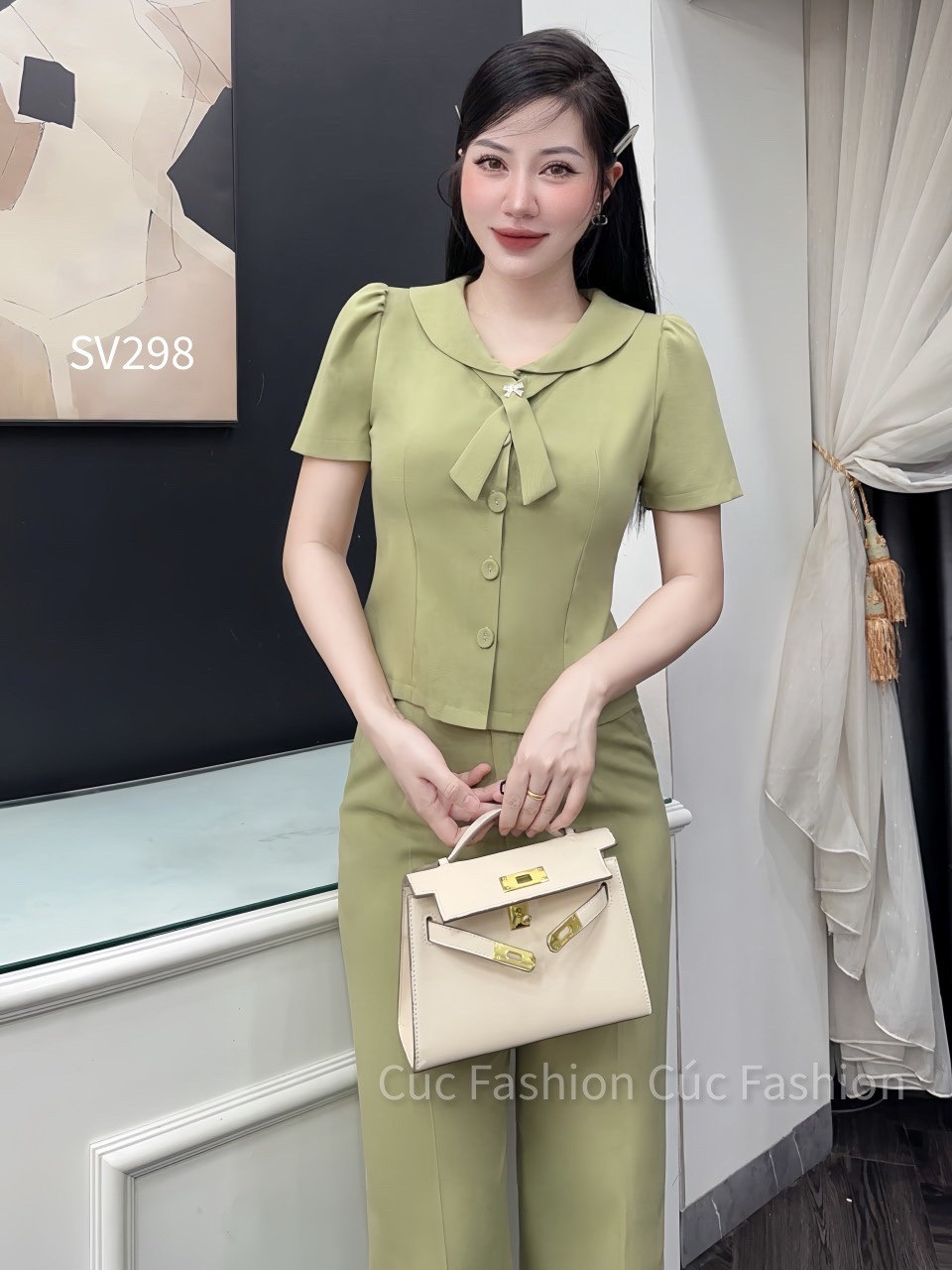 SV298 set quần xuông 1 cúc áo cổ X