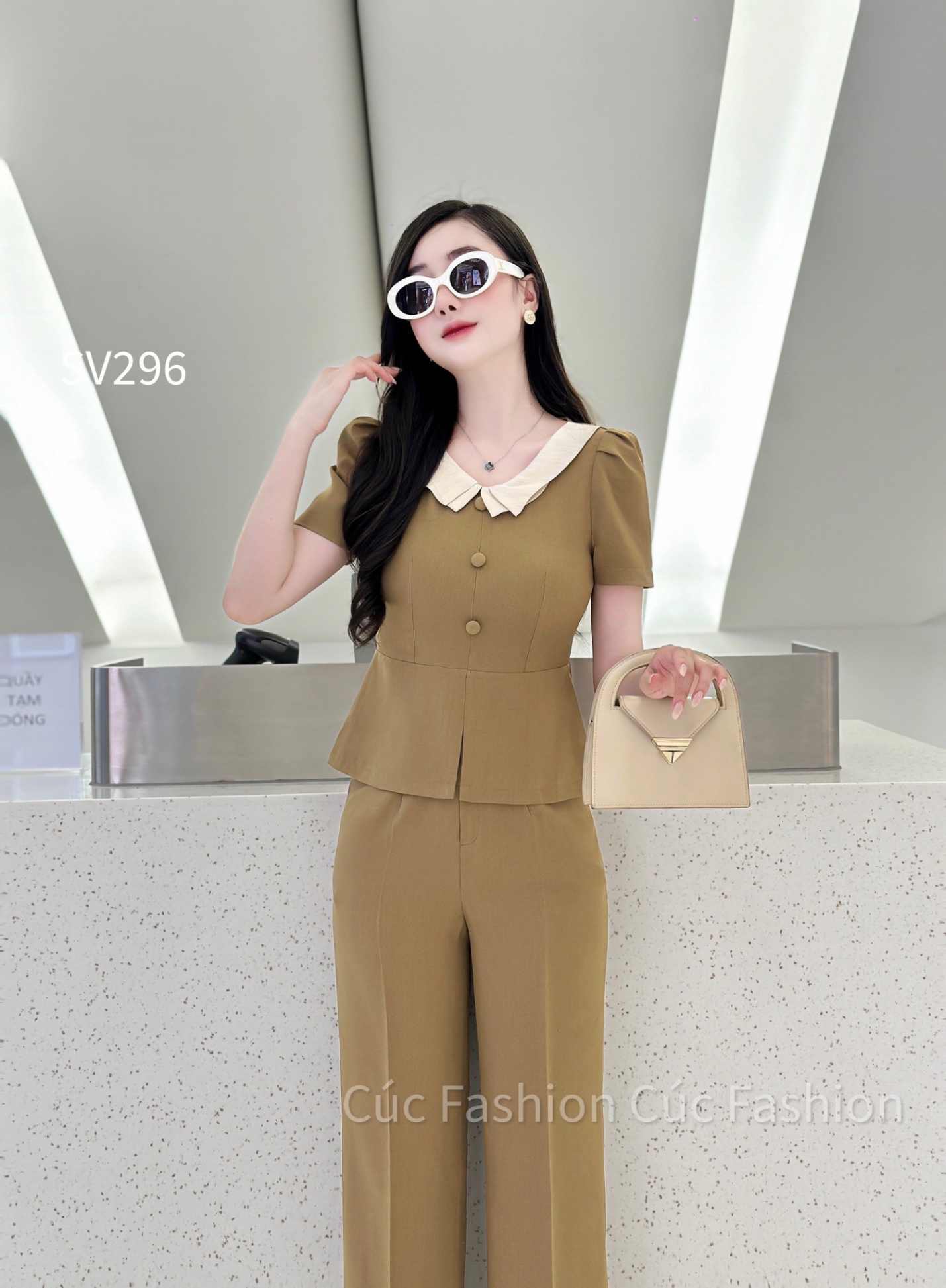 SV296 set quần xuông áo cúc bọc cổ 2 lớp