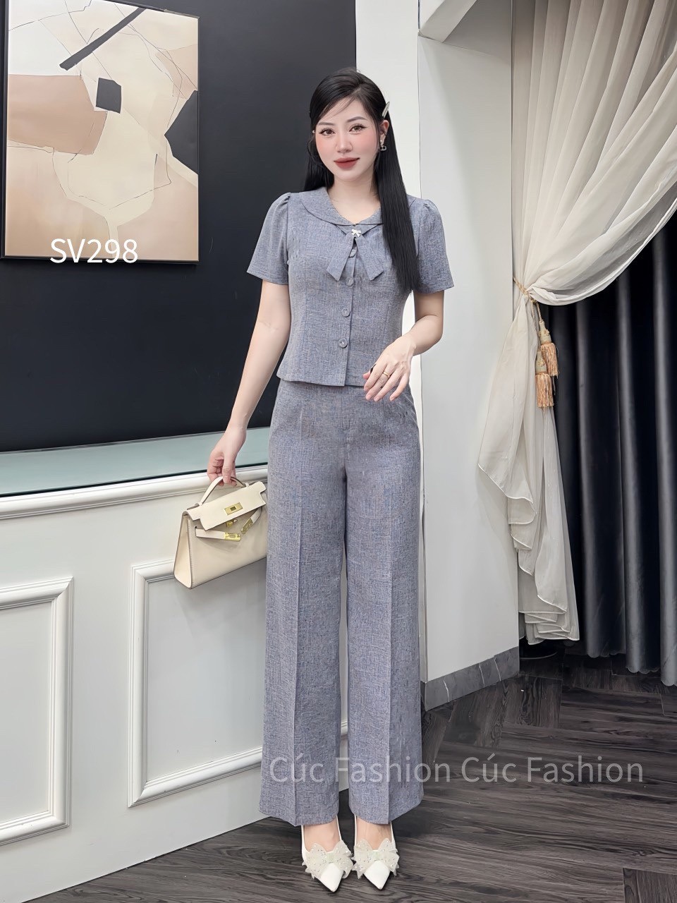 SV298 set quần xuông 1 cúc áo cổ X