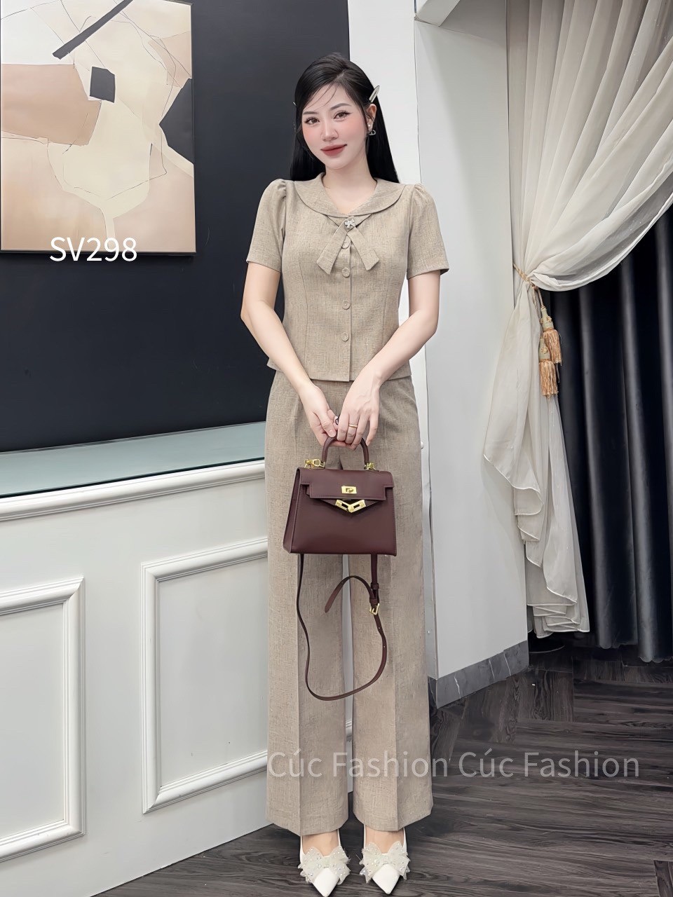 SV298 set quần xuông 1 cúc áo cổ X