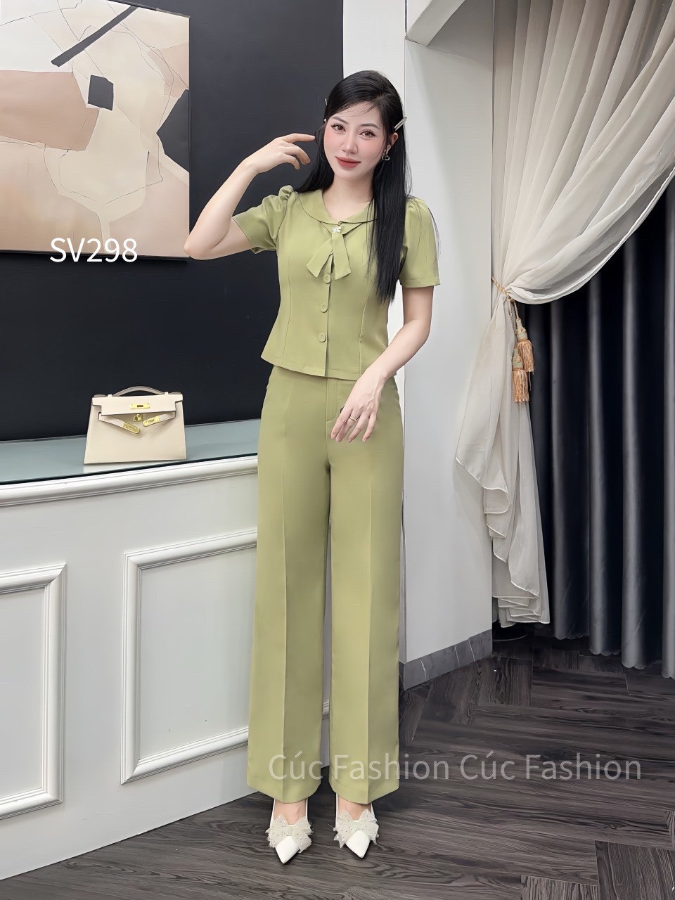 SV298 set quần xuông 1 cúc áo cổ X