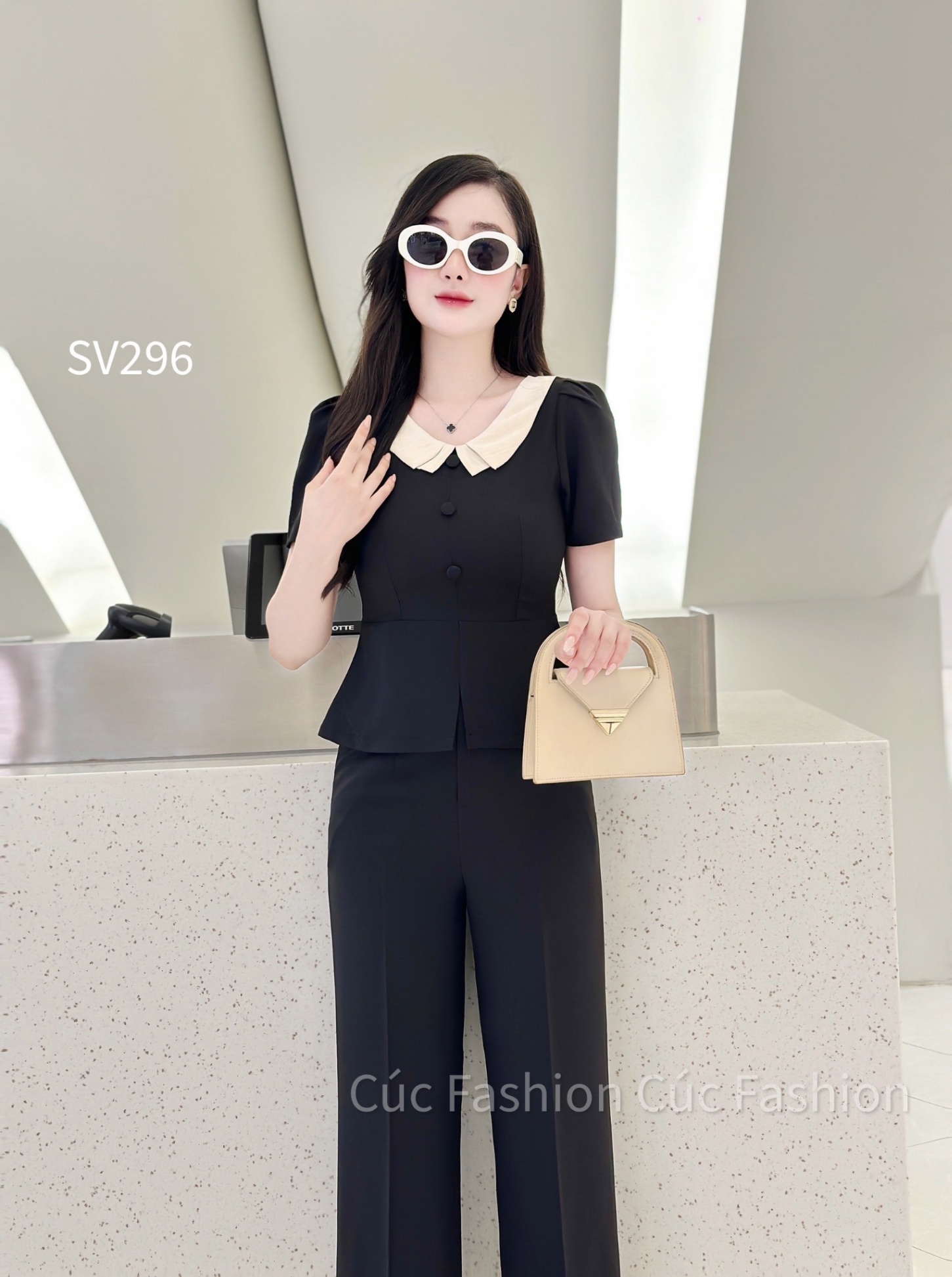 SV296 set quần xuông áo cúc bọc cổ 2 lớp