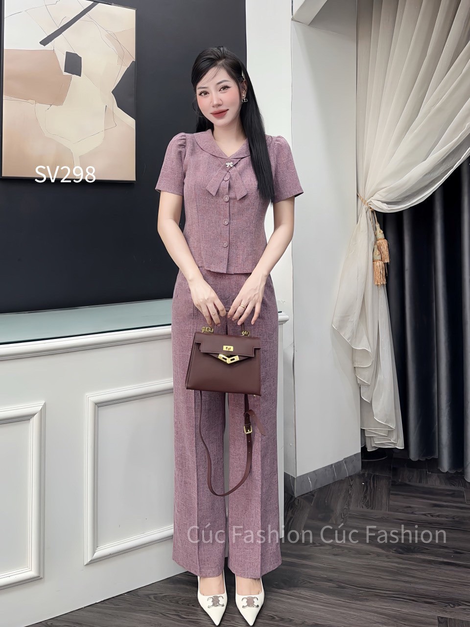 SV298 set quần xuông 1 cúc áo cổ X