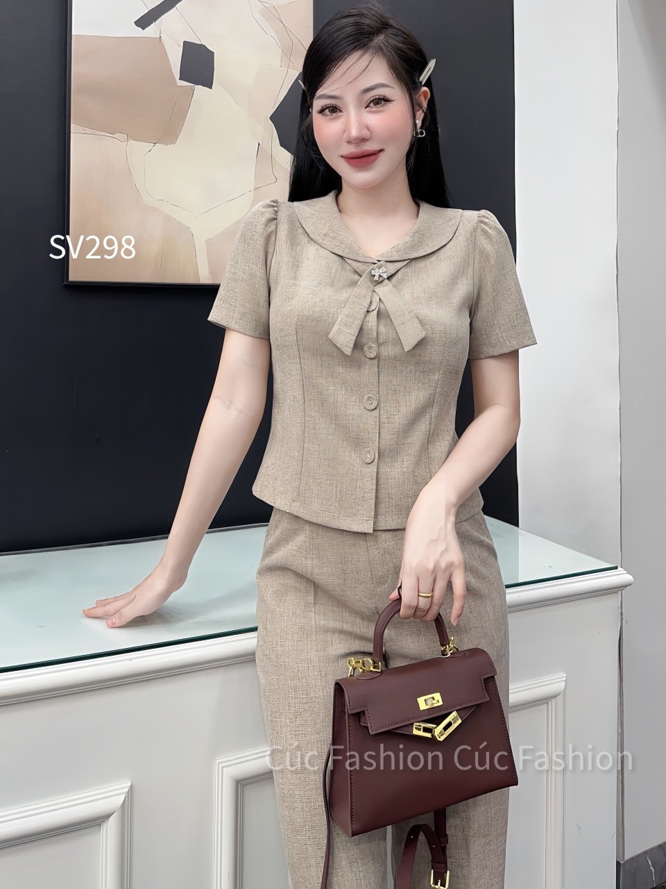 SV298 set quần xuông 1 cúc áo cổ X