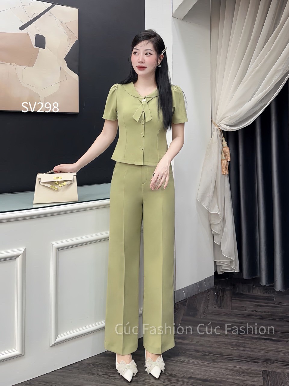 SV298 set quần xuông 1 cúc áo cổ X