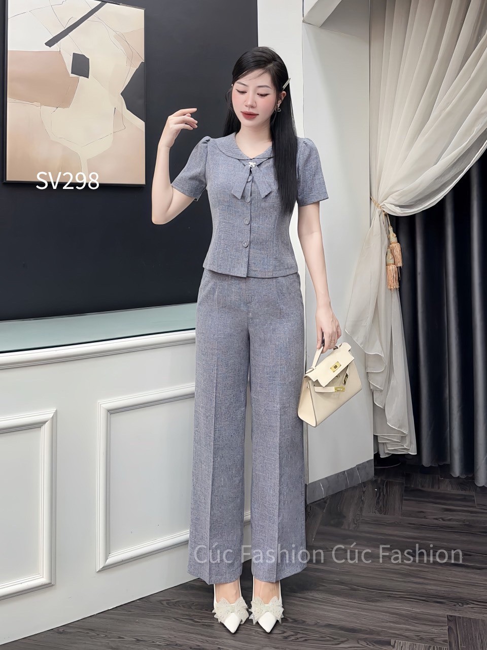 SV298 set quần xuông 1 cúc áo cổ X