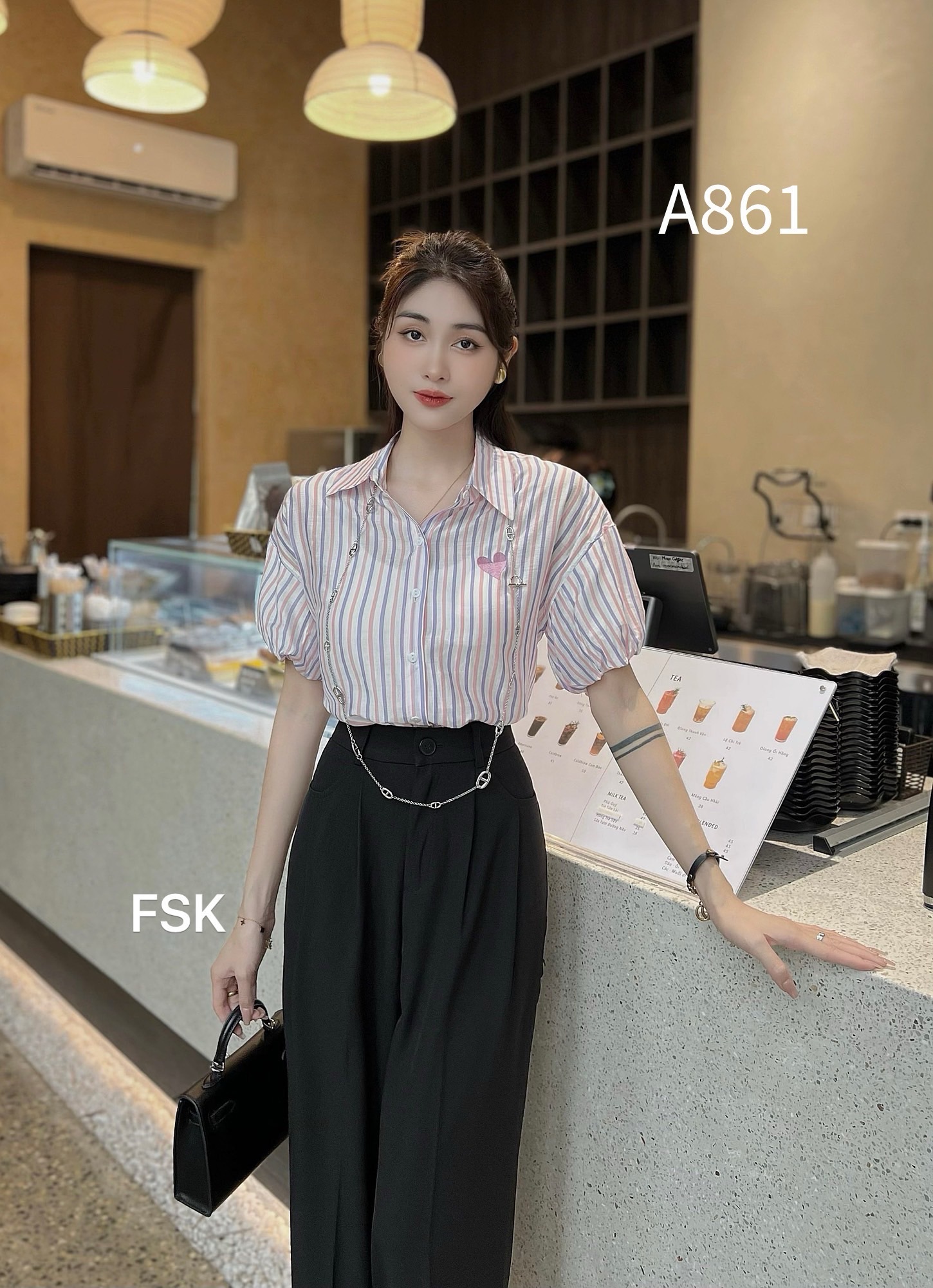 A861 Áo sơ mi kẻ tay bồng thêu tim