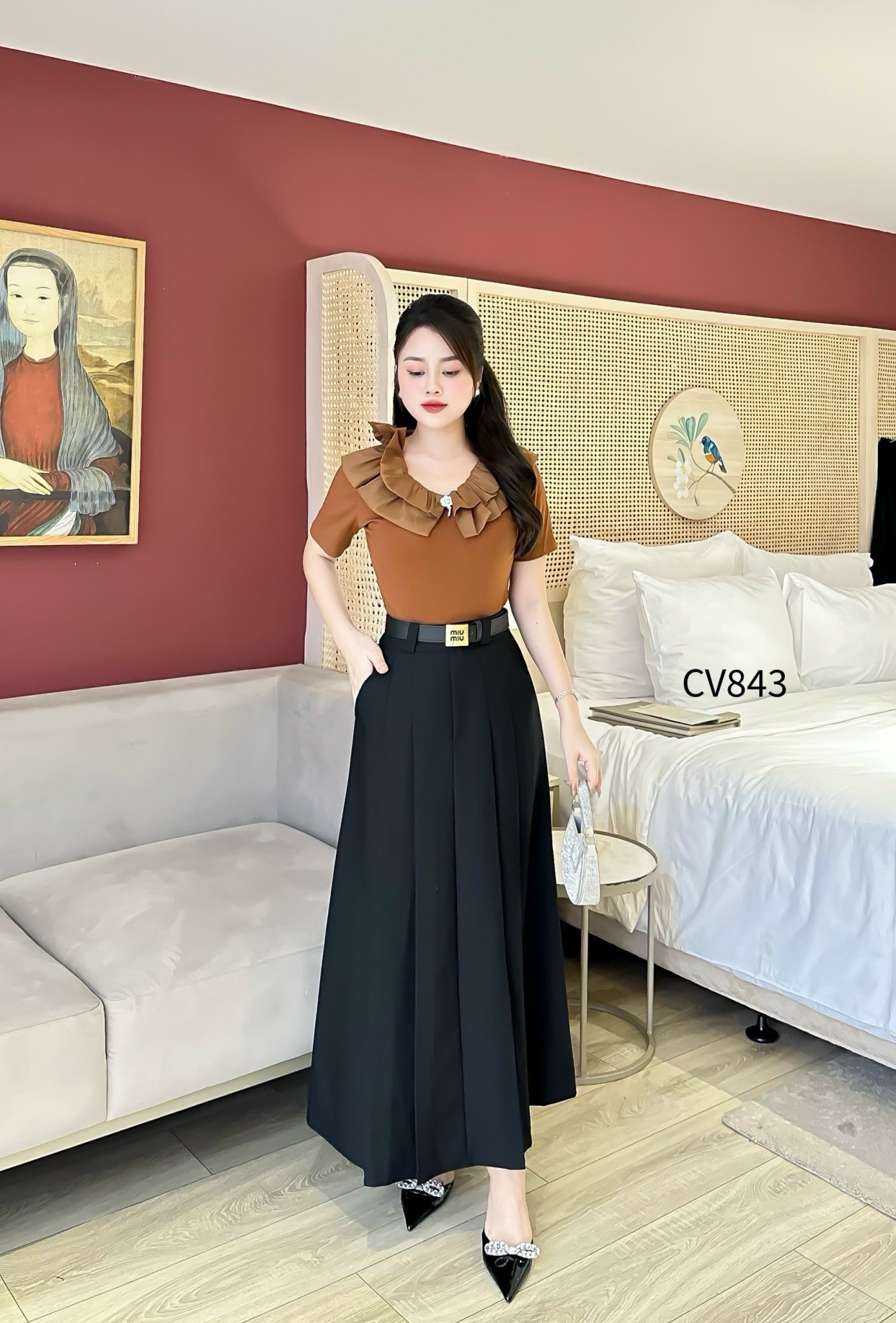 CV843 Chân váy xòe xếp ly đai miu