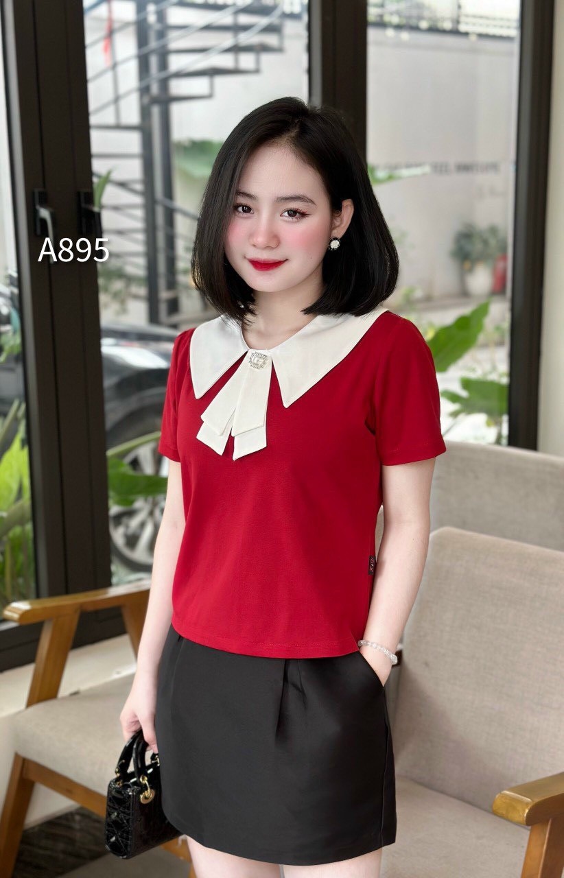 A895 áo cộc tay cổ nơ tag đá