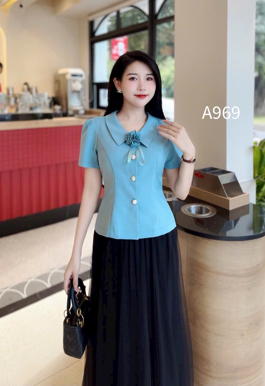 A969 Áo peplum cổ nhọn tag hoa