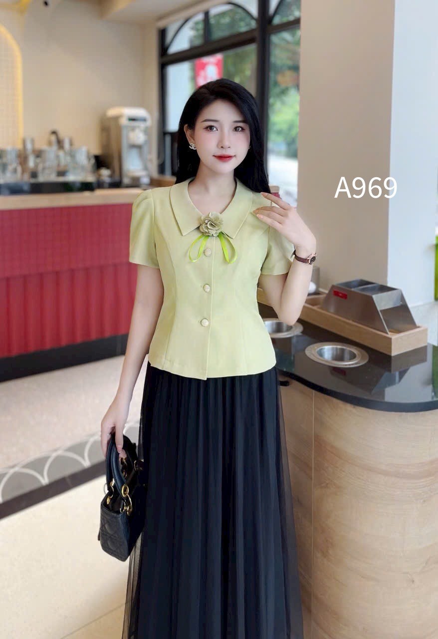 A969 Áo peplum cổ nhọn tag hoa