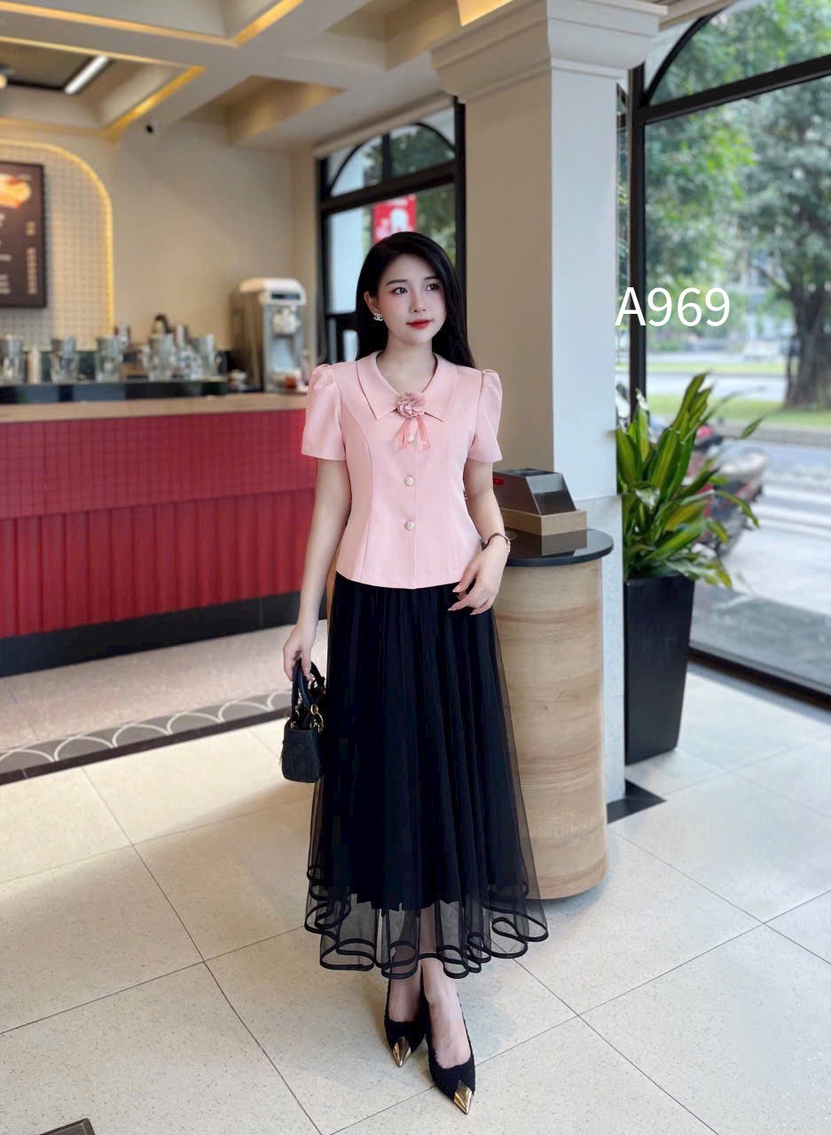 A969 Áo peplum cổ nhọn tag hoa