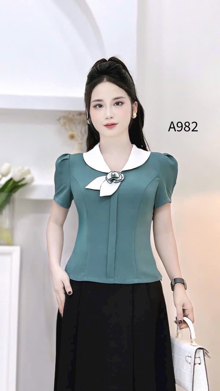 A982 áo cổ trắng tag hoa lá