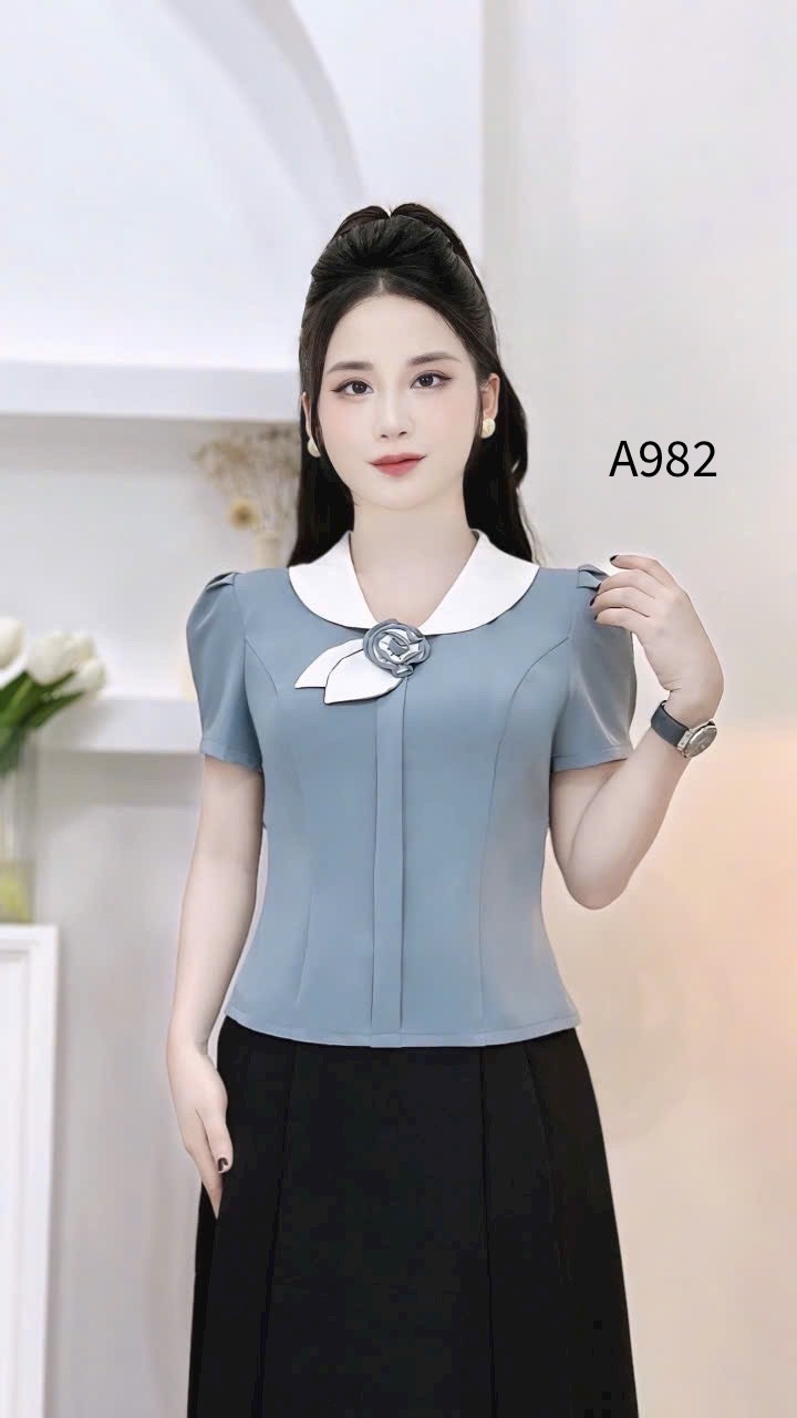 A982 áo cổ trắng tag hoa lá