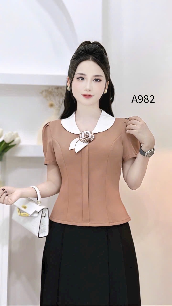 A982 áo cổ trắng tag hoa lá