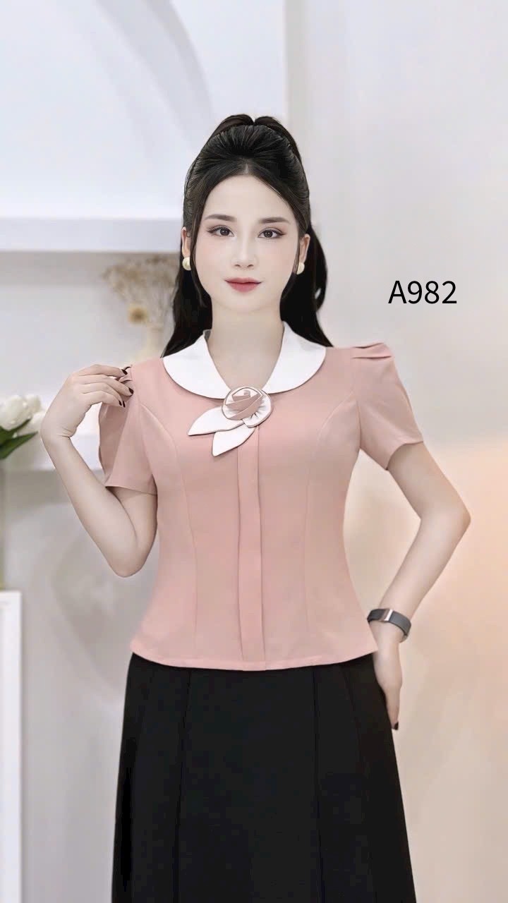 A982 áo cổ trắng tag hoa lá